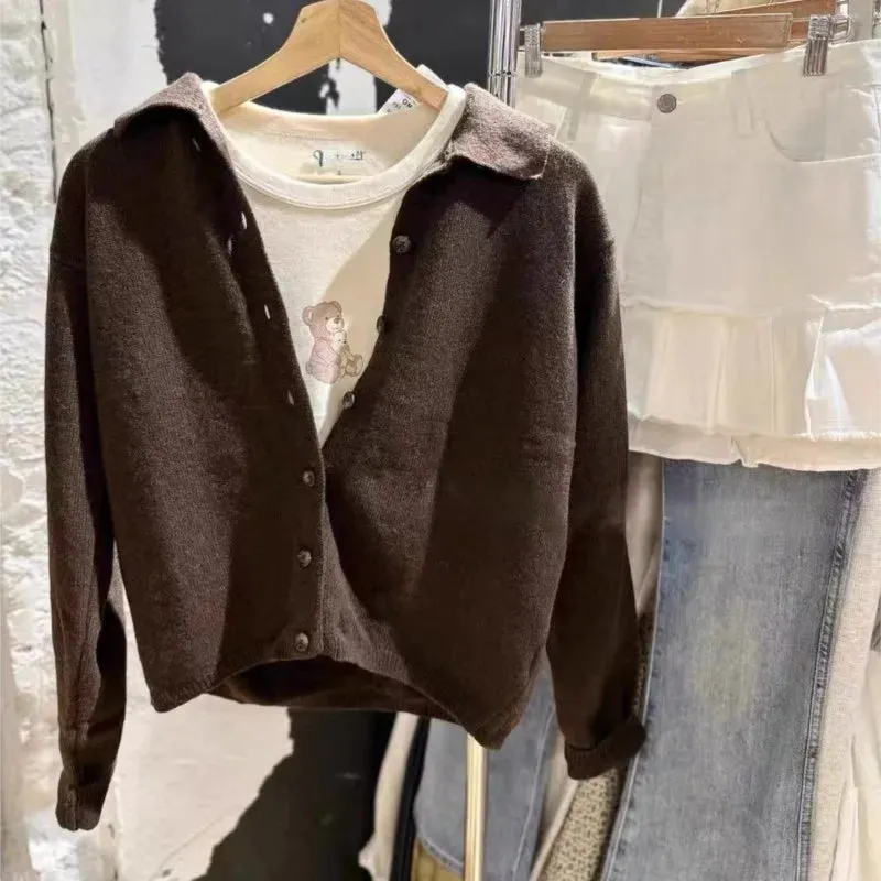 TAVIMART  -  Turn Down Collar Coffee Winter Sweater Single Breasted Knitting Female Pullovers Y2K Streetwear Loose Autumn Tops Woman New