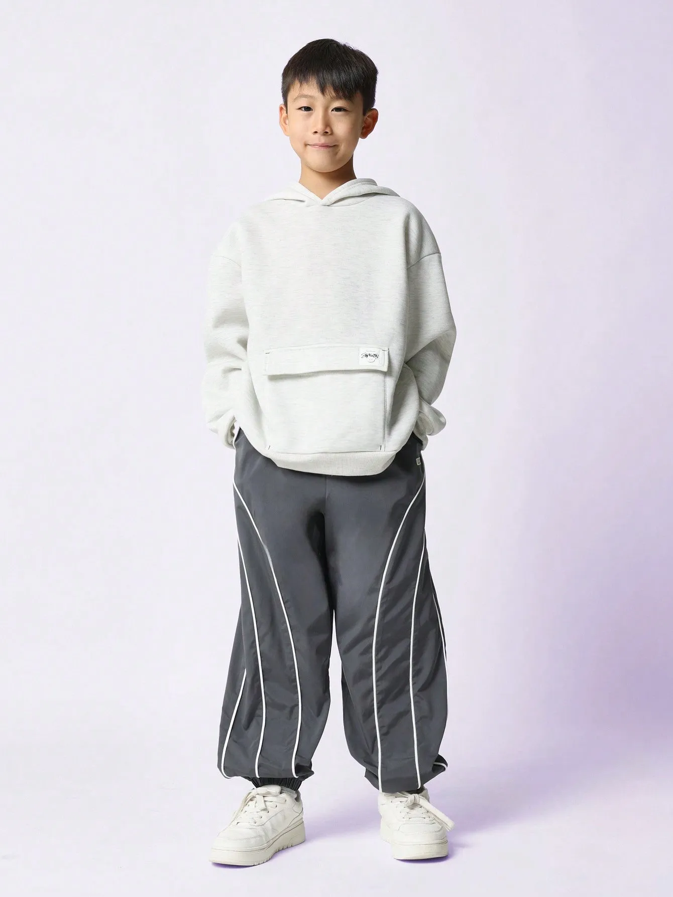 Tween Boys Comfy Grey Marl Overhead Hoodie With Large Patch Pocket
