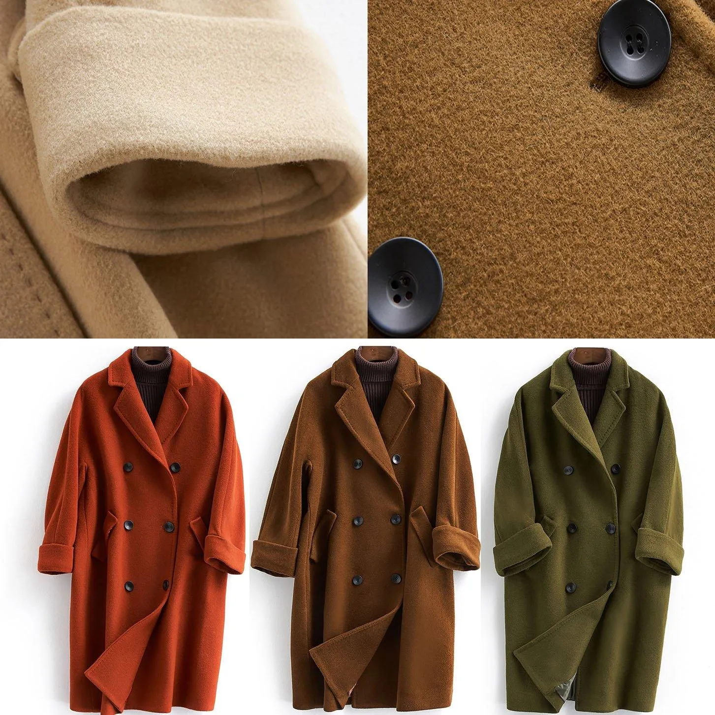vintage plus size long double breast coats brown Notched woolen outwear
