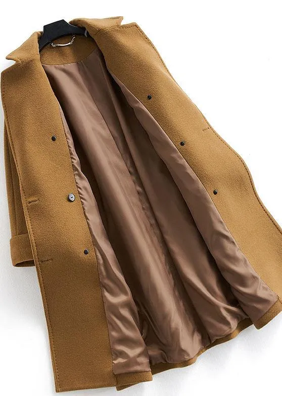 vintage plus size long double breast coats brown Notched woolen outwear