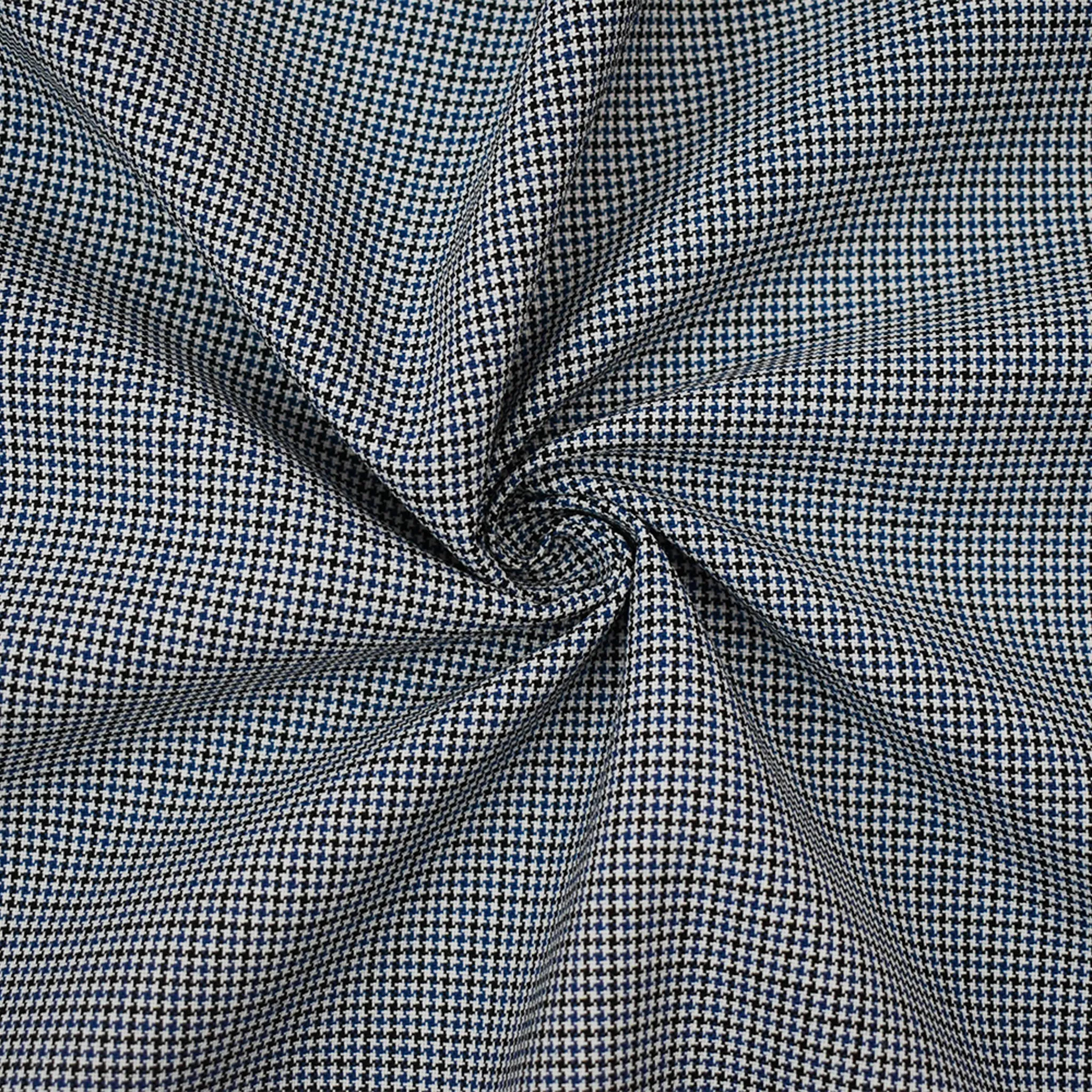 White-Blue-Black Poly-Wool Micro Houndstooth Woven Shirting Fabric