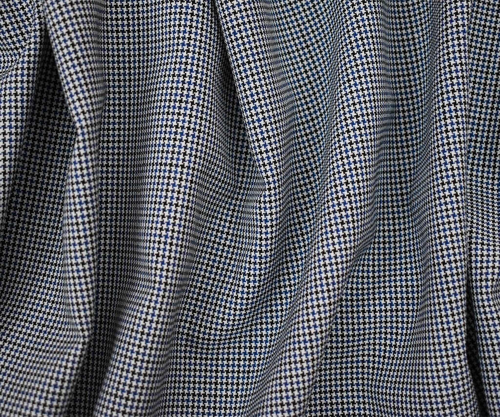 White-Blue-Black Poly-Wool Micro Houndstooth Woven Shirting Fabric