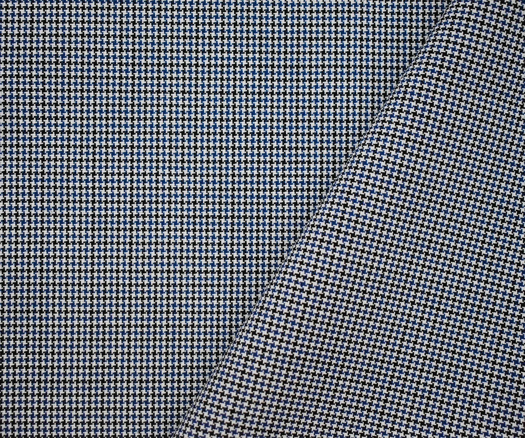 White-Blue-Black Poly-Wool Micro Houndstooth Woven Shirting Fabric