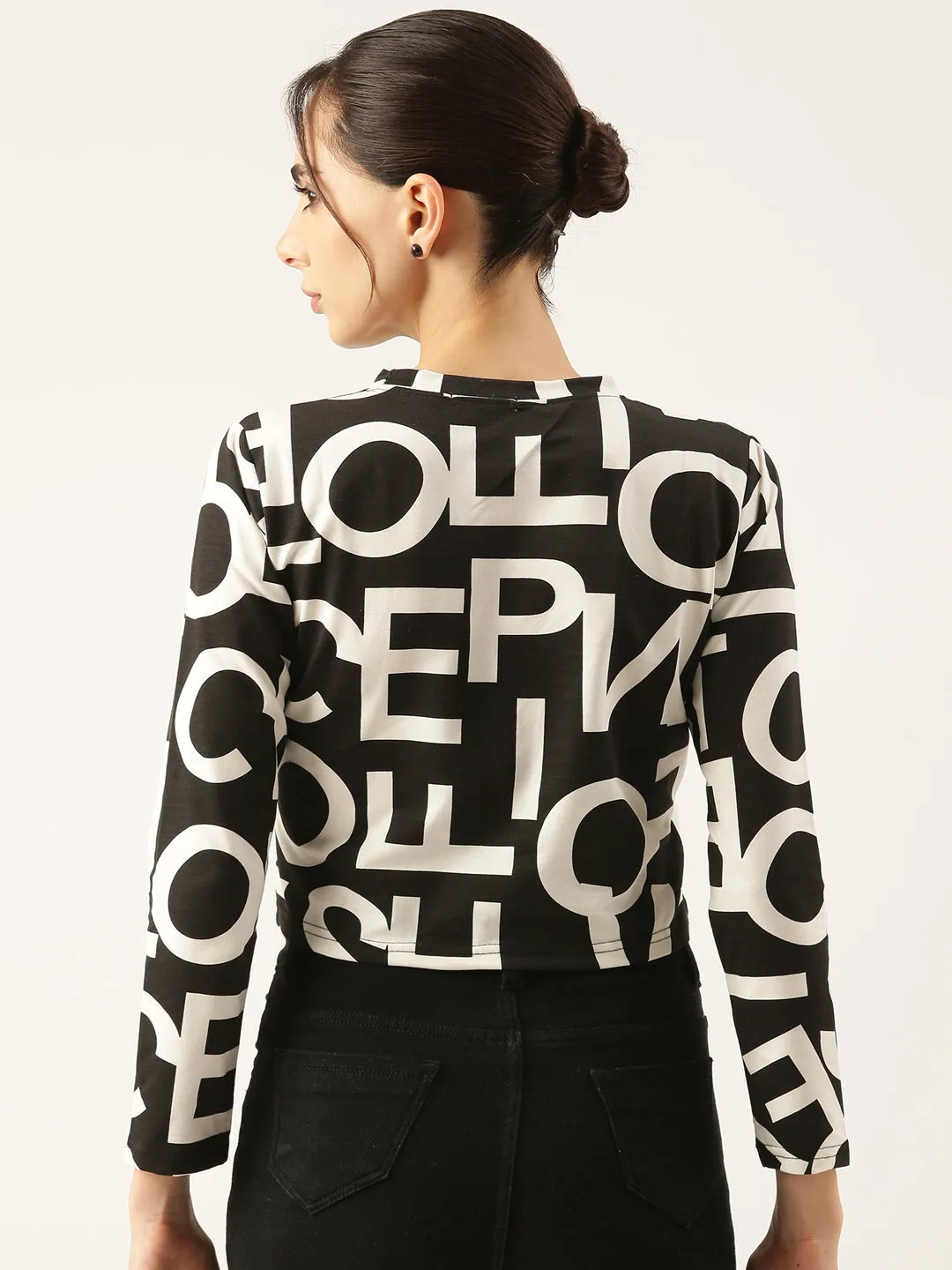Women Black Printed Crop T Shirt