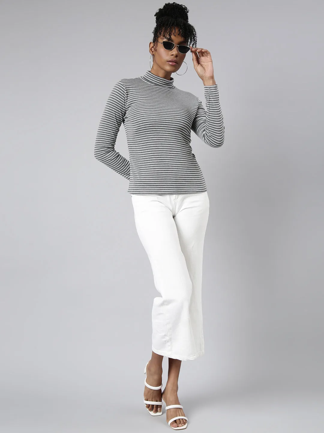 Women Grey Horizontal Stripes Top