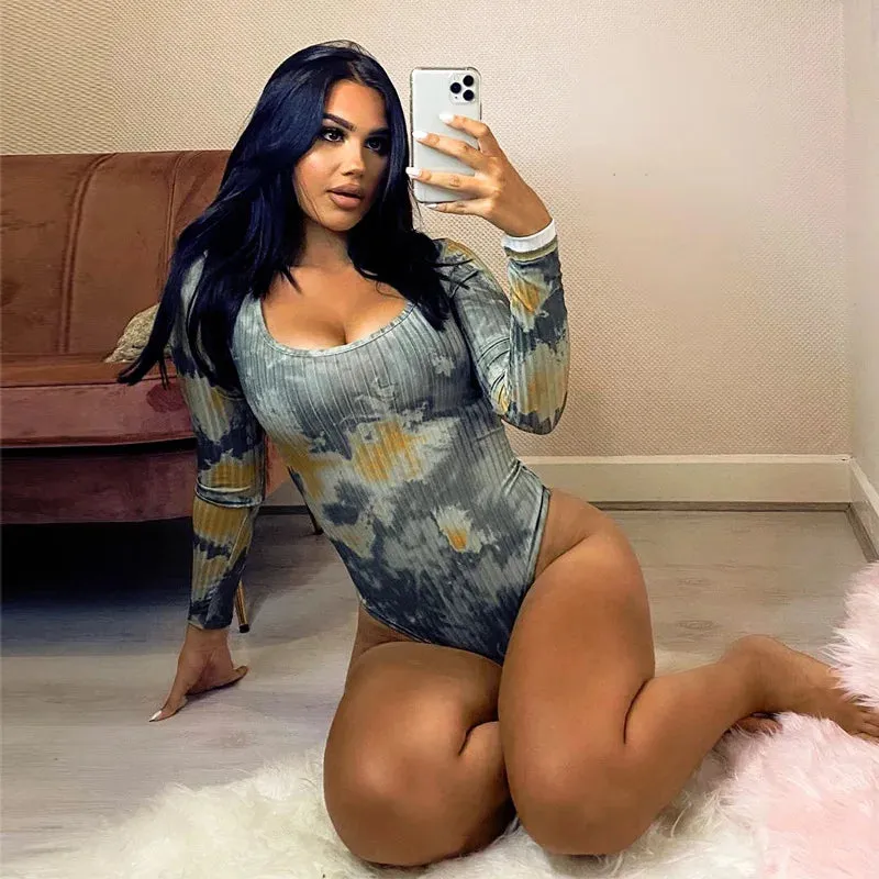 Womens Casual Ribbed Tie Dye Print Long Sleeve Square Collar Skinny Bodysuit