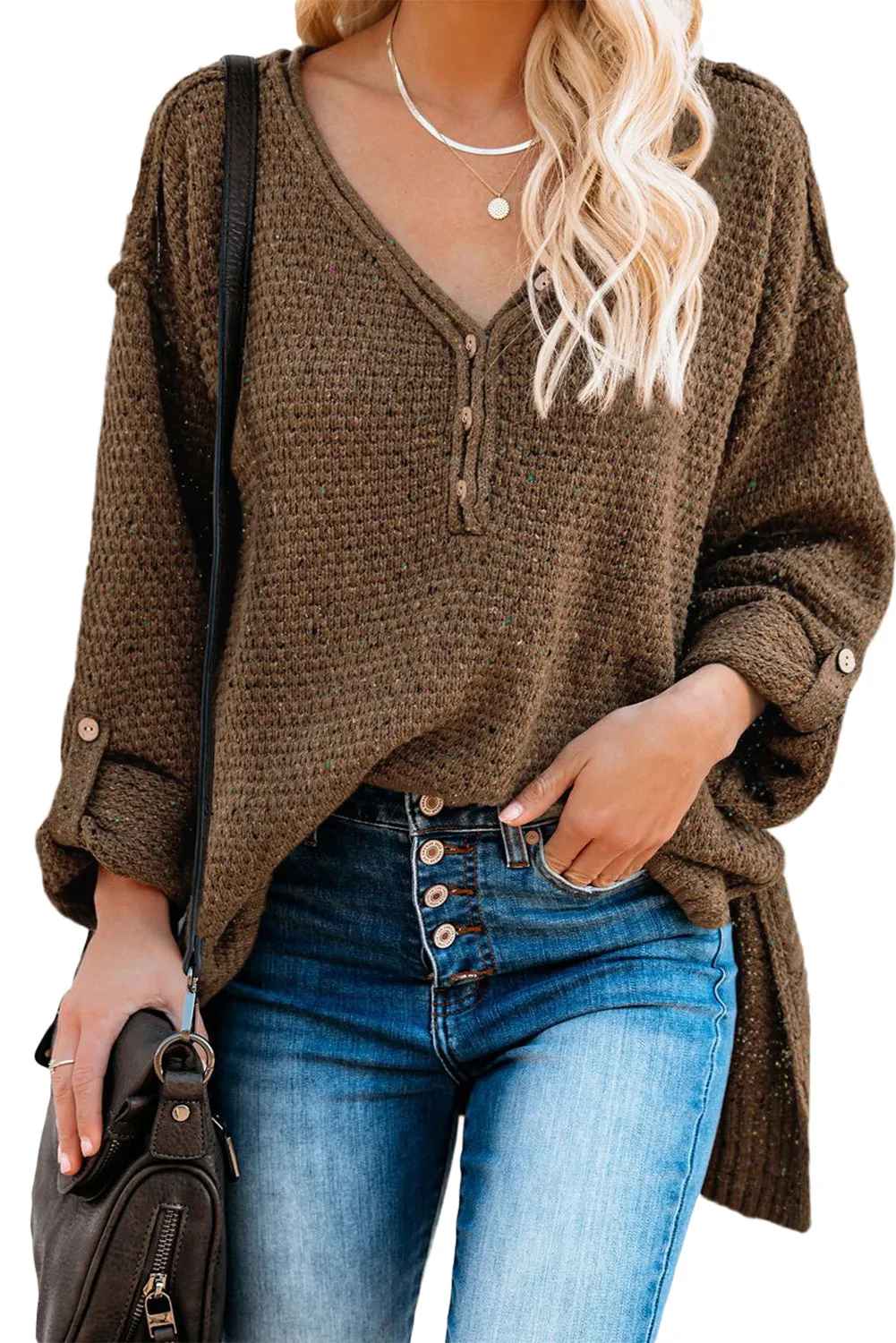 Women's Wide V Neck Roll Tab Sleeve Waffle Knit Sweater
